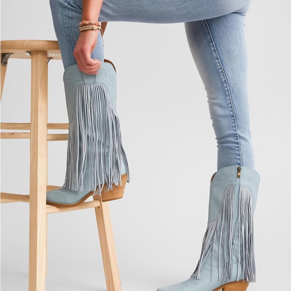 Buckle Light Blue Fringe Western Heeled Boots